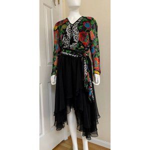 Vintage Diane Freis Black Multi Color Boho Dress With Scarf, 1980's Embraided